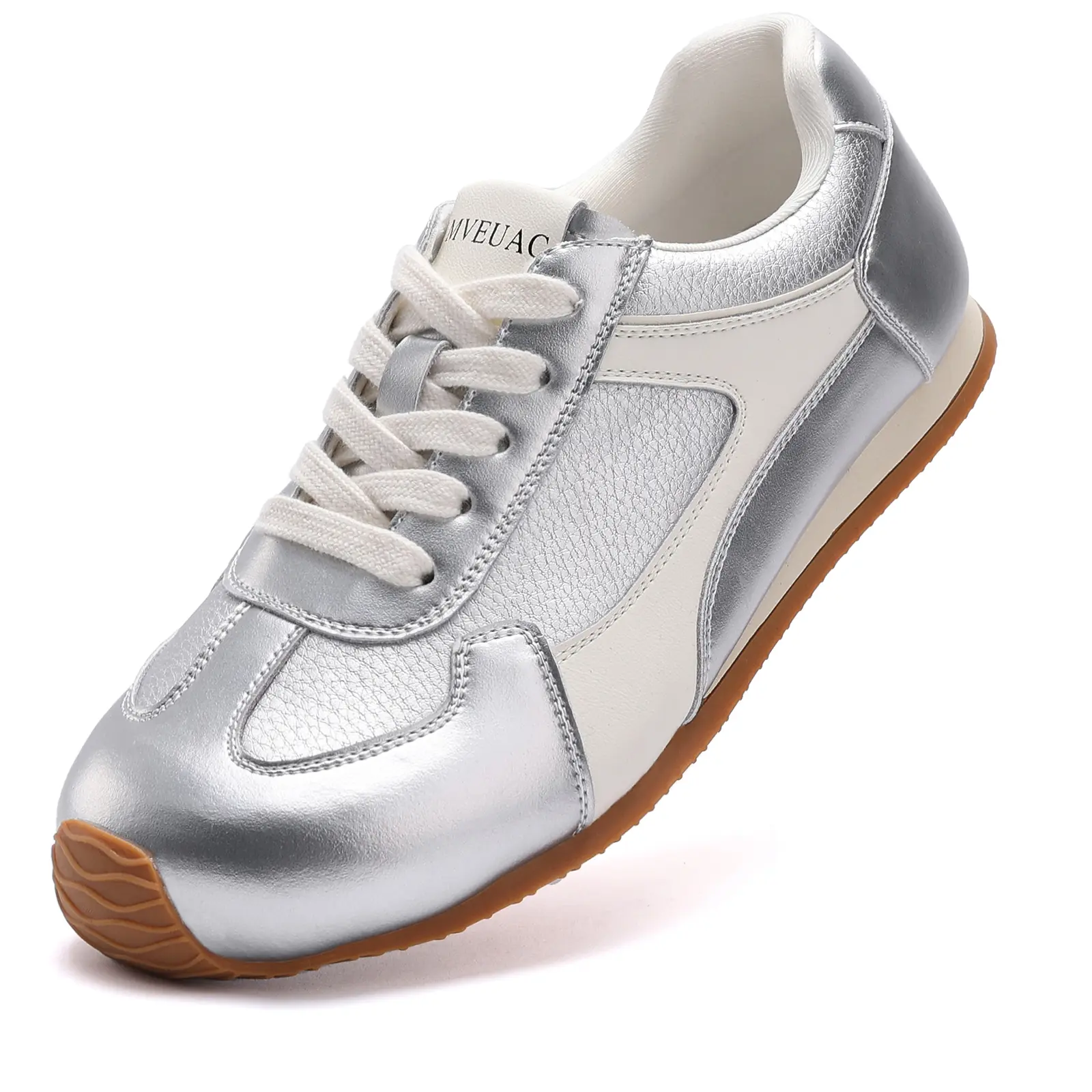 Women's White & Silver Casual Trainers - Retro Vintage Fashion Sneakers for Daily Walking, Comfortable Lace-Up Athletic Shoes