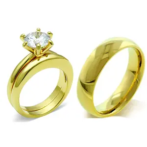 Lanyjewelry 3-PC His & Hers Round Cut CZ Solitaire Gold IP Stainless Steel Set - Mens Band, Solitaire Engagement Ring, Gold Wedding Rings, Gold Wedding Ring