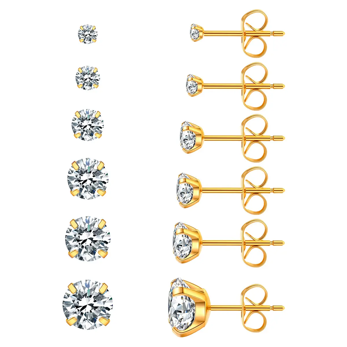 Hypoallergenic Stainless Steel Stud Earrings for Women Men Round Cubic Zirconia CZ Earring Set 3mm-8mm