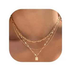 Layered Gold Necklaces for Women Trendy, Elegant Necklace, 3 Pcs 14K Brass Gold Plated Choker Paperclip Box Chain, Stackable Women's Gold Pendant Necklaces Jewelry Set