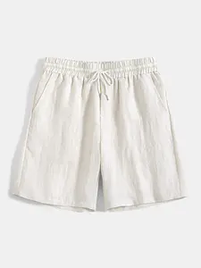 Men's Solid Color Linen Blend Casual Shorts, Elastic Waist Drawstring, Summer Tropical Beach Pants, Comfortable and Stylish