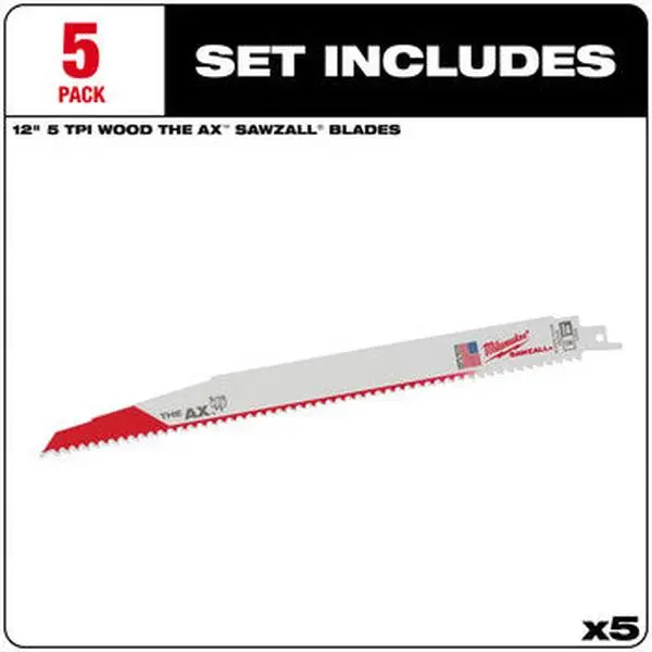 Milwaukee 48-00-5027 Heavy-Duty Sawzall Saw Blades, 5PC 12" 5 TPI The Ax Blades for Cutting Applications
