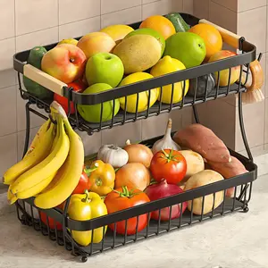 2-Tier Large Fruit Basket for Kitchen Counter Detachable Metal Fruit Bowl with Wooden Handle & 2 Mobile Banana Hangers Stylish Fruit Holder for Bread, Snacks, Veggies Includes Protective Mats Modern Countertop Storage Organizer