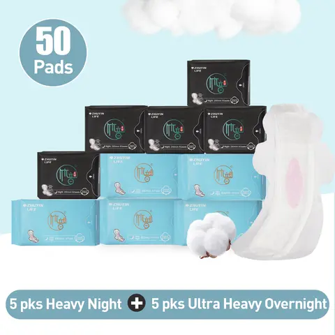 10 Packs / 50 Count, Zhuyin Life Night & Ultra Long Menstrual Pads, 290mm & 430mm with Wings, Organic Cotton Unscented, Super Absorbent for Heavy Overnight Flow