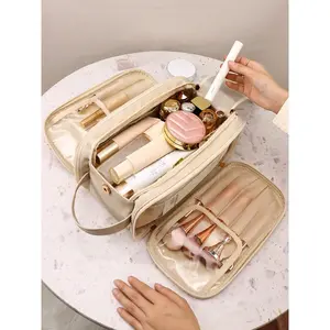 Premium Toiletry Travel Bag,Leather, Multi-Compartment Dopp Kit with Handle, Beige