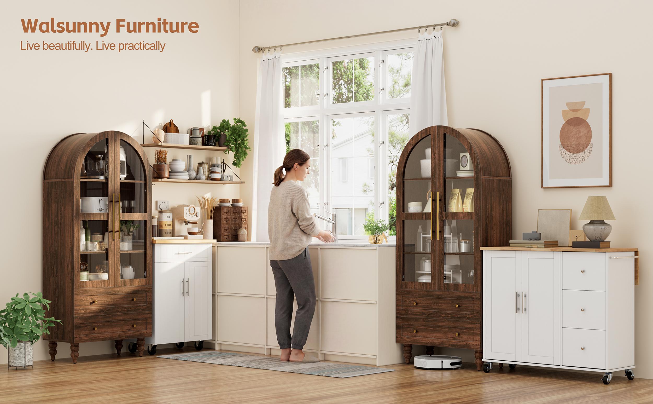 Walsunny 70" Tall Arched Kitchen Pantry, Modern Farmhouse Wood Kitchens Storage Cabinets with 2 Large Drawers and 4 Shelves, Versatile Cupboard for Kitchen, Dining Room, Bathroom, Natrual Mother's Day Gift