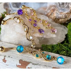 14kt Gold Plated CZ Gem Vine Dangle Belly Ring Navel Piercing Pierced Naval