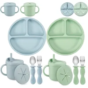 VVH PandaEar Silicone Baby Feeding Set| 2 Pack Silicone Divided Suction Plate and 2 Pack Tiny Cup with 2 Spoons 2 Forks| Baby Led Weaning Supplies Self Feeding Eating Utensils (Light Blue/Light Green)