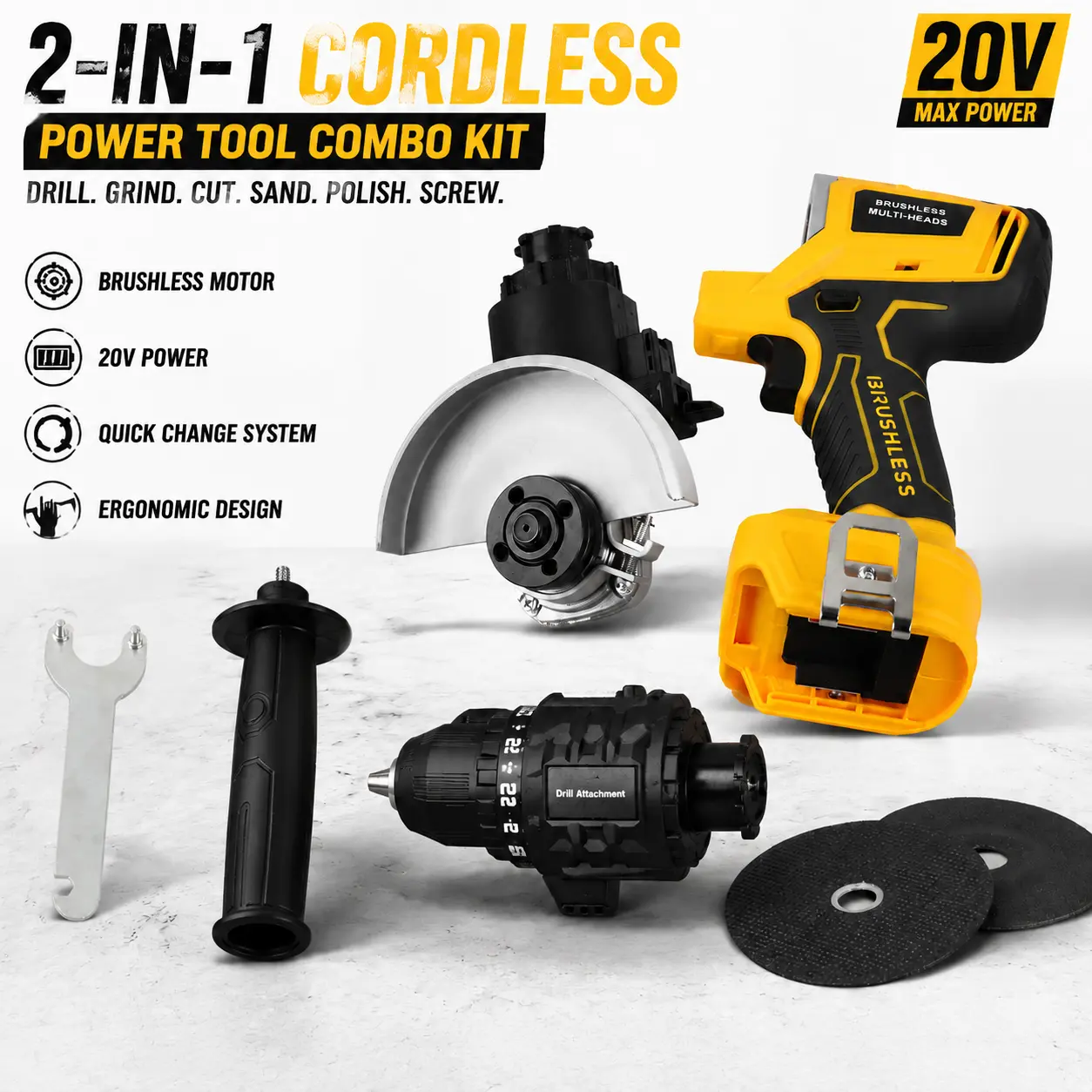 20V Brushless Motor Cordless Power Tool Combo Kit - 2-in-1 Set with Electric Drill, Angle Grinder, Quick Change Feature, Auxiliary Handle for Drilling, Cutting, Sanding
