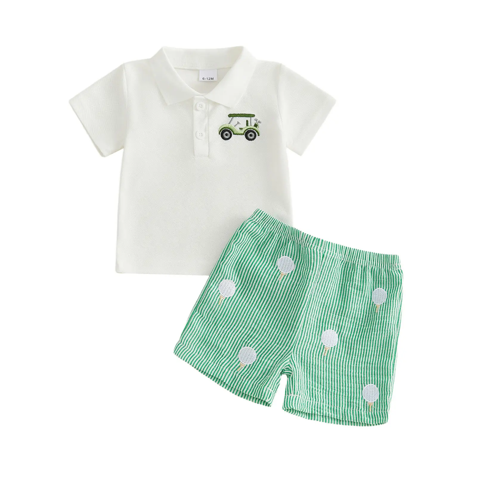 Meihuida Baby Boy Golf Outfit Golf Embroidery Collared Shirt Toddler Polo Shirt Striped Shorts Set Cute Baby Boy Summer Clothes