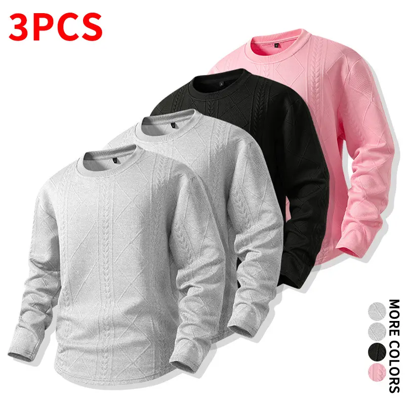 Black/Gray/White Pink Embossed Long-Sleeve Three-Piece Set — Soft Knit Tops for Commuting and Campus Wear, Gentle and Versatile