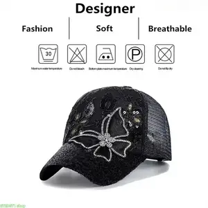 Women'S Breathable Mesh Baseball Cap With Sparkly Sequin Rhinestone Butterfly Embroidery, Adjustable Trucker Hat For Summer Sun Protection, Casual Outdoor Sports Hat For Beach Travel Daily Use