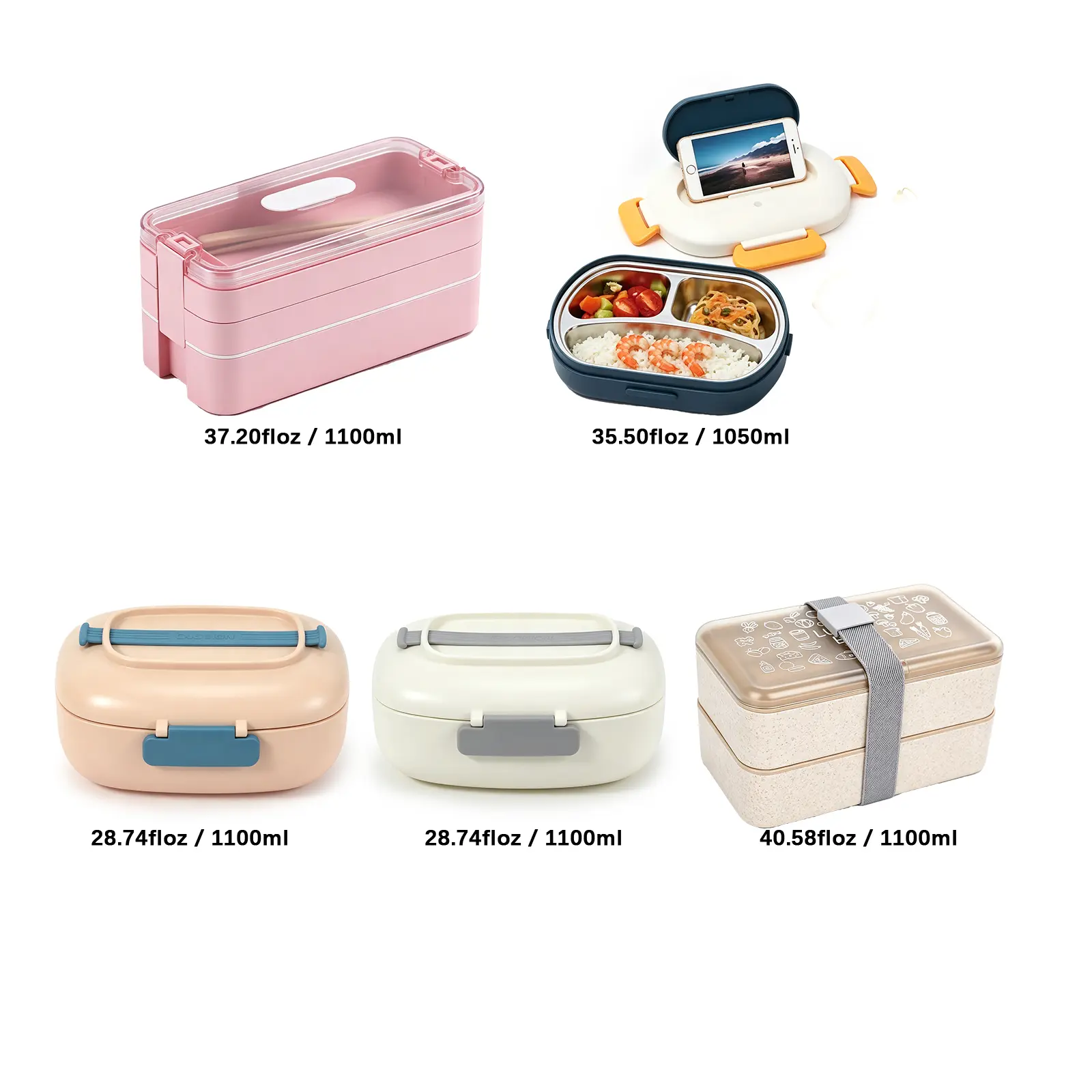 5Pcs Multi-Style&Size Bento Lunch Box Set, 2-Tier Stackable 1100ml Lunch Container with Tableware, Leakproof Meal Prep Box for School Office Travel