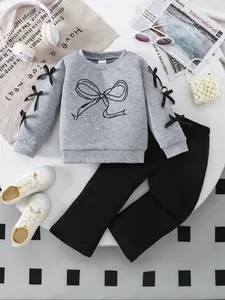 Girls' Butterfly Knot Top Set, Fashion Clothes Set, Cute Fitted Design with Side Tie Detail, Pants for Daily Wear & Casual Outing