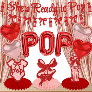 She's Ready to Pop Baby Shower Decorations for Girls, Theme, Pop Balloons & Glitter Banner, Table Centerpiece & Foil Curtains