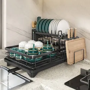 2-Tier Carbon Steel Dish Drying Racks for Kitchen Counter, Multi-Tier Drainer with Drain Board, Mat, Utensil Holder & Cup Holder, Home Storage Organizer, Mother’s Day Gift for Women