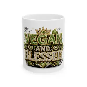 Vegan and Blessed Mug | Ceramic Coffee Tea Cup, Green Gold Lettering