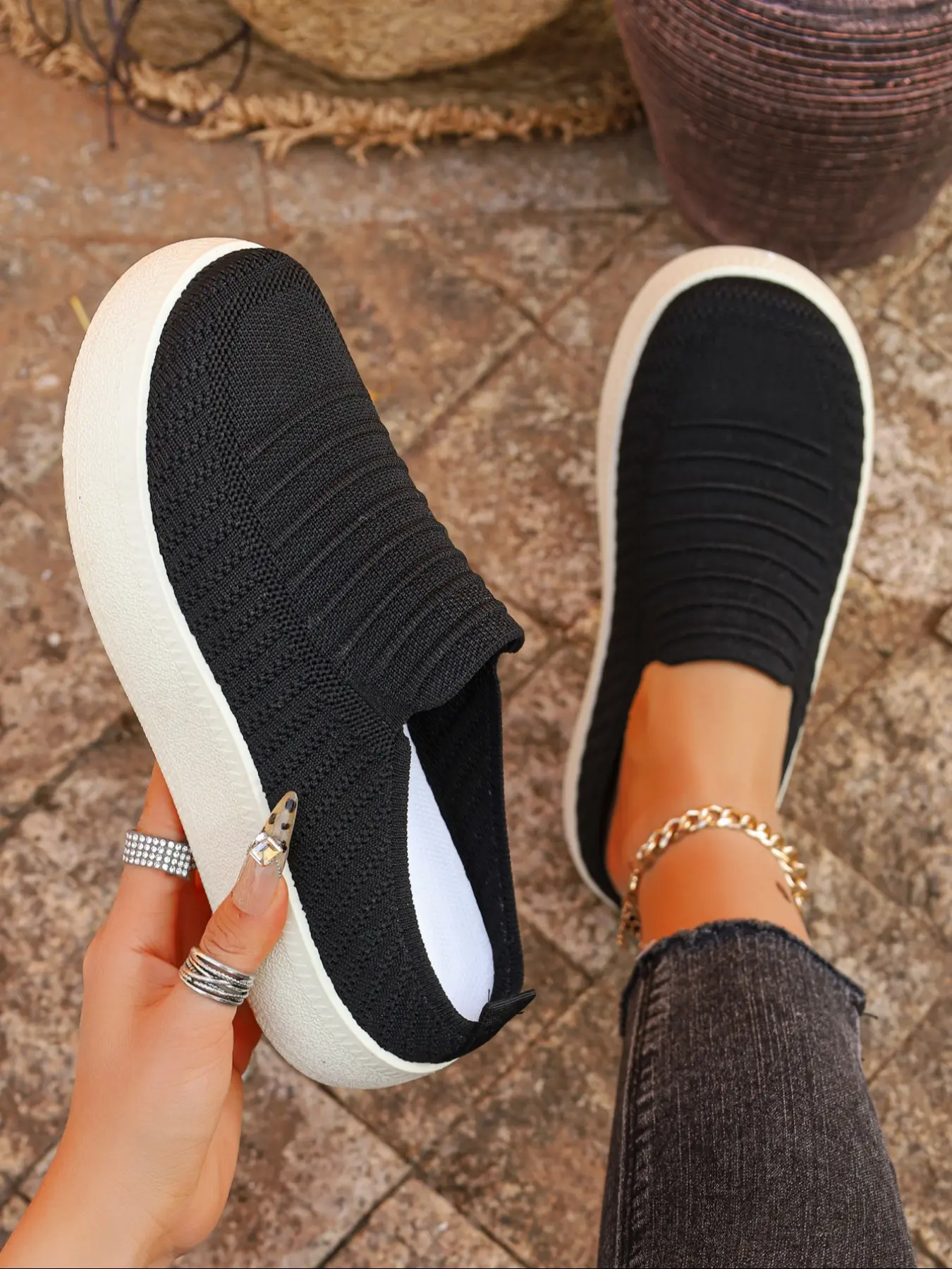Summer Trend Women's Knitted Thick Sole Half Slippers, Mule Shoes, Thick Soled Mules, Slip On Mules, One-Step Lazy Slip-On, Breathable Comfort, Daily Wear Essential, Slip On Clog
