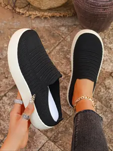 Women's Thick Sole Elevator Flyknit Slip-On Breathable Mesh Rubber Shoes, Spring, Casual Comfort Versatile Women's Footwear, One-Step Easy Wear Sneakers Walking Shoes