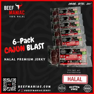 Halal Beef Jerky 6-Pack Cajun Blast by Beef Maniac | Natural Hardwood Smoked Premium Jerky Made in Michigan