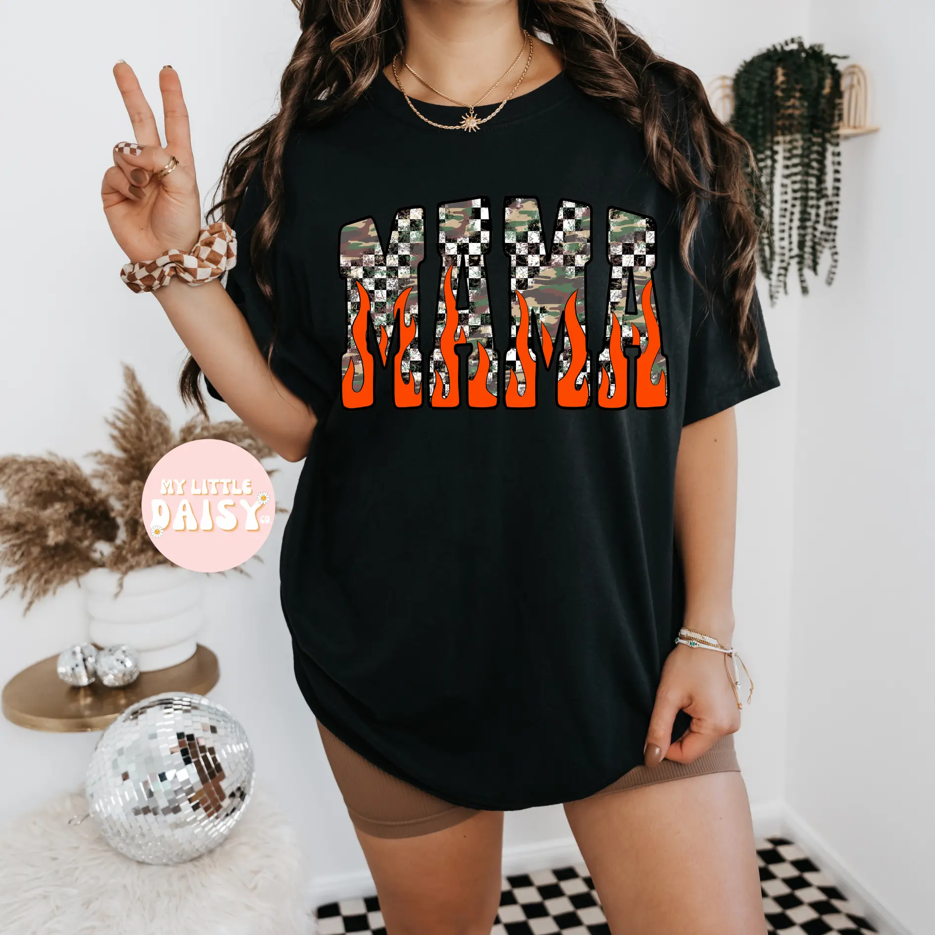 Distressed checkered camo flame mama graphic T-shirt/sweatshirt
