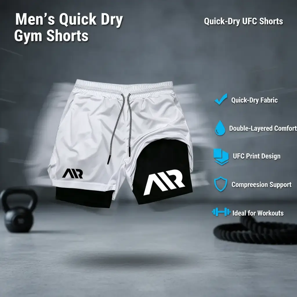 Men's Summer Double-Layer AIR UFC Print Athletic Shorts - Quick Dry Gym Workout Compression Liner, Polyester Knit Athletic Wear, Male Shorts wx251