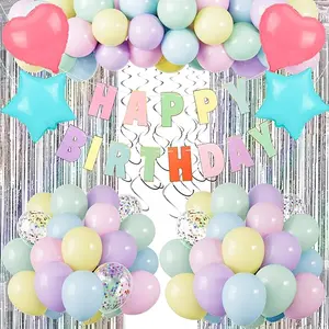 Pastel Birthday Decorations for Girls Boys, Rainbow Birthday Decorations, Colorful Balloon Arch Kit, Happy Birthday Banner, Shiny Fringe Curtain, Heart Star Foil Balloons, Hanging Swirls