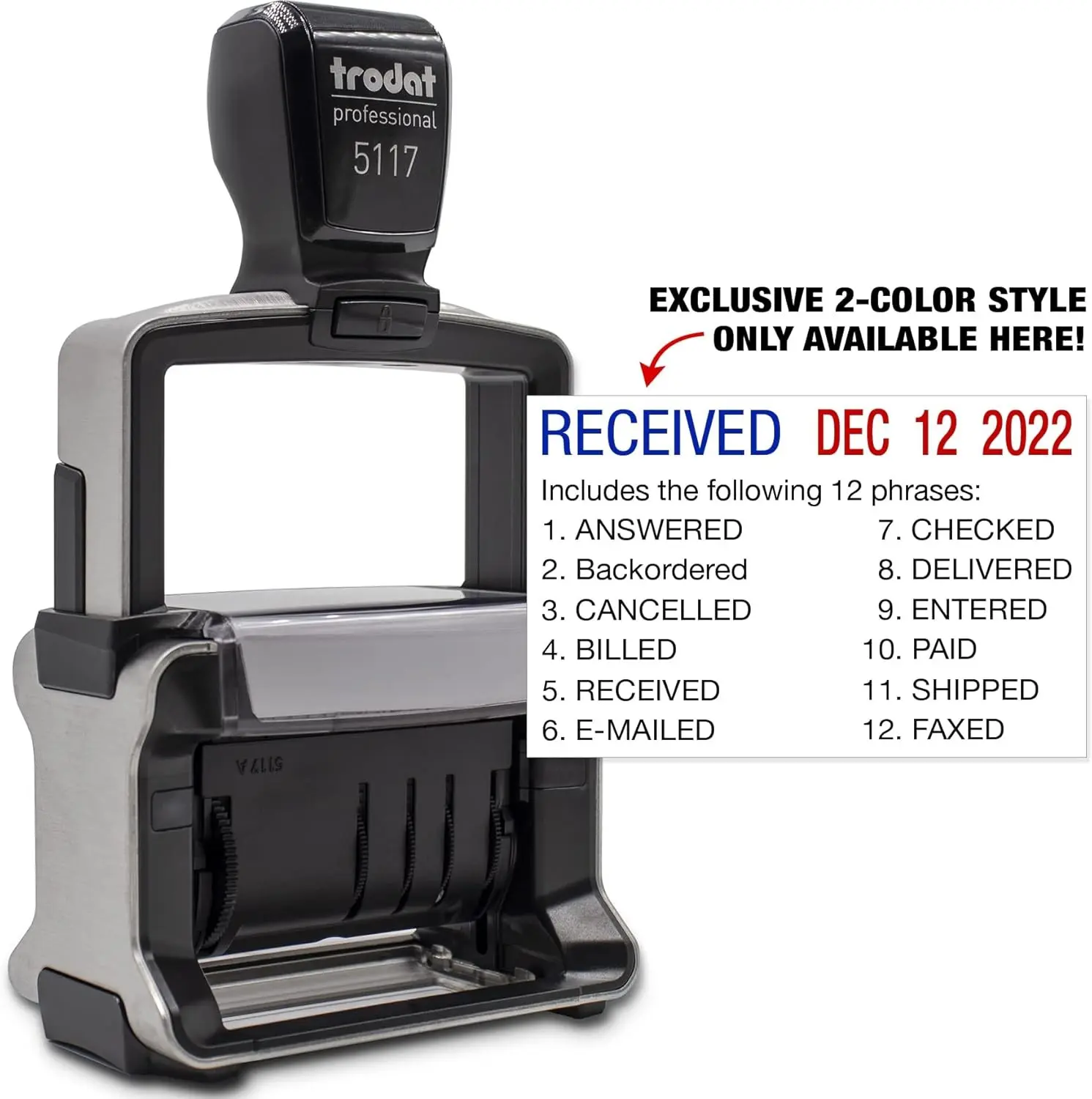 5117 Professional 12-Message Stamp w/Dater, Self-Inking, Blue/Red 2 Color Ink