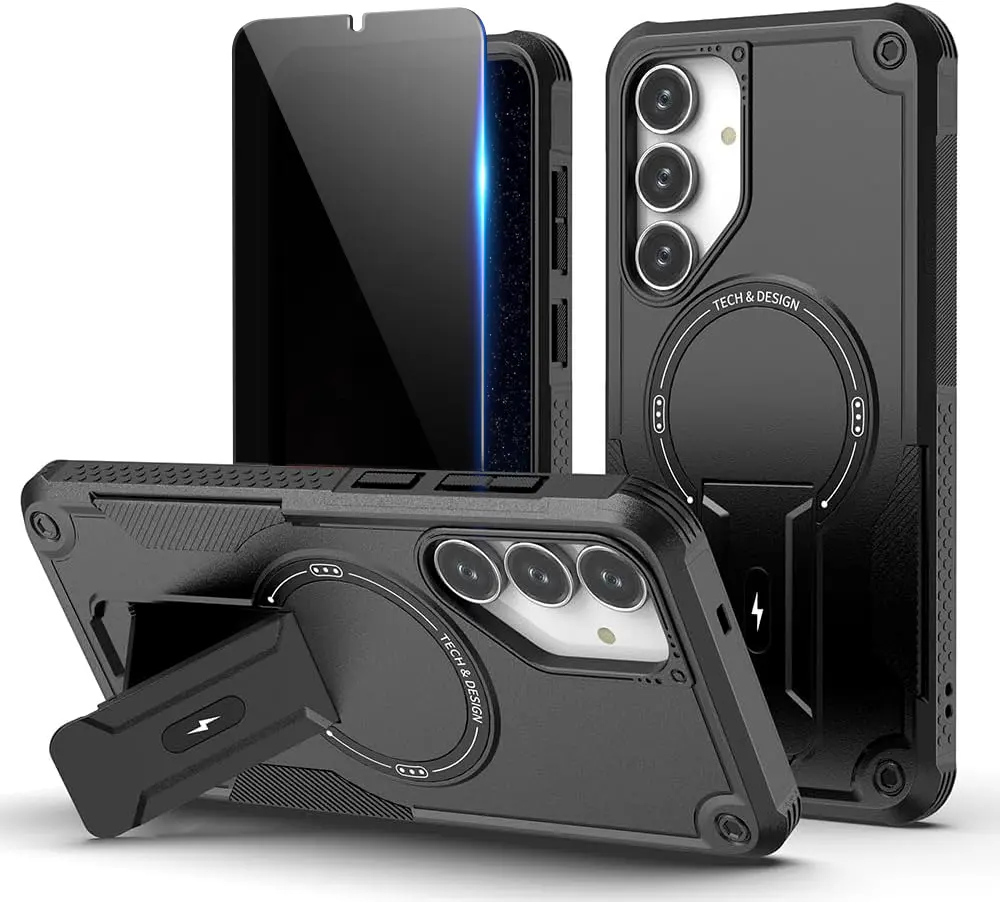 Magnetic Smartphone Case with Magnetic Closure for Samsung Galaxy S25 FE - MagSafe-Compatible, Tempered Glass Privacy Screen Protector, Invisible Kickstand, Shockproof, Black Mobile Phone Accessory