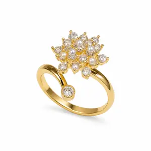 Rotating Flower Fidget Ring Sparkly Adjustable Open Ring for Women