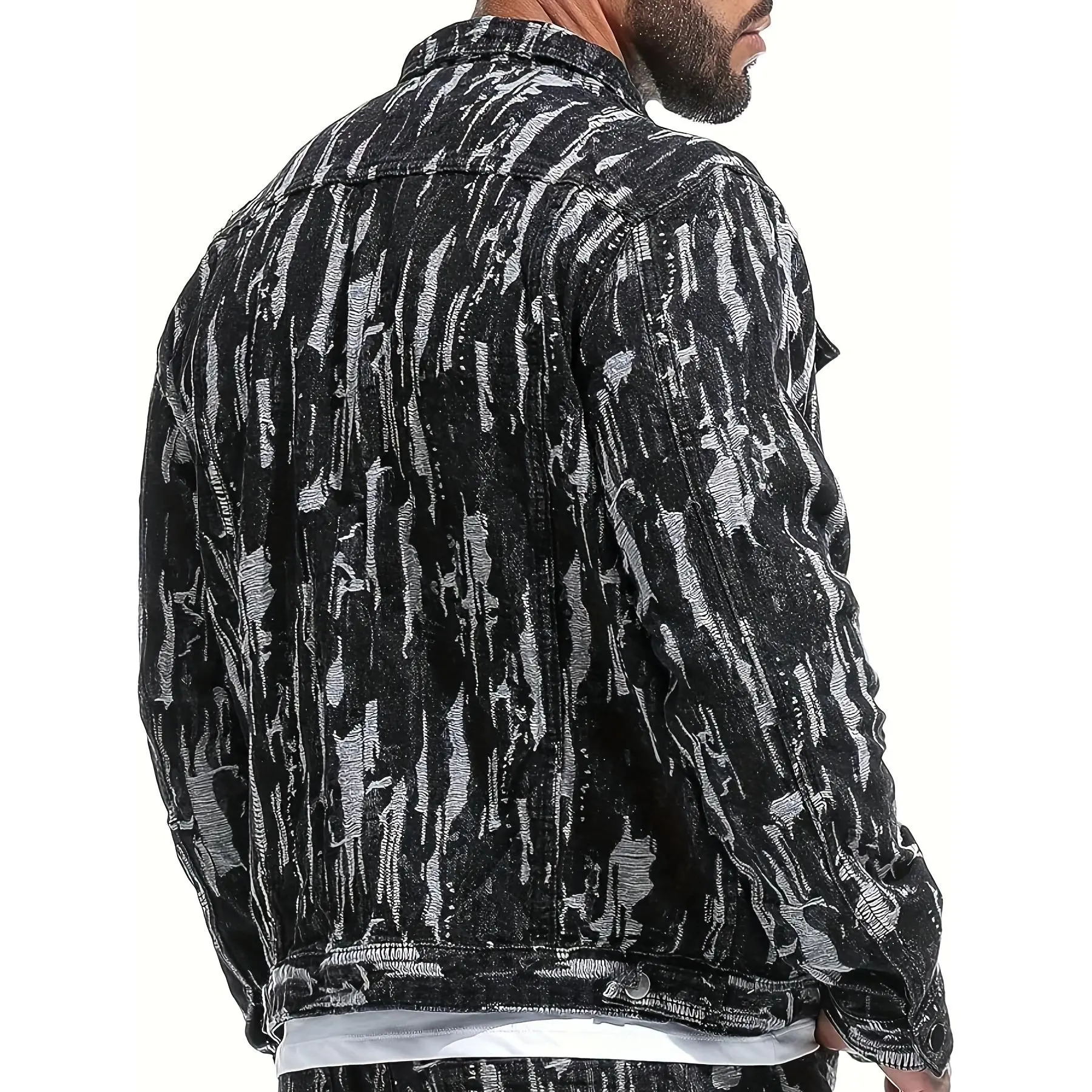 Men's Ripped Jean Jacket - Black, Distressed Denim, Casual, Fashionable, Outerwear for Everyday Wear J2802