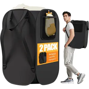 2 Pack Collapsible Backpack Laundry Bag Made by Cloth, 76L Large Hamper with Shoulder Strap, Foldable Basket with Mesh for Dorm, Travel, Apartment
