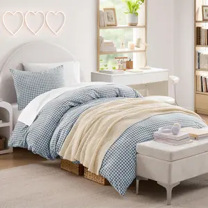 Blue Gingham Duvet Cover Twin, 100% Wash Cotton Linen Like Textured Breathable Comforter Cover Set, 2 Piece Classic Yarn-Dyed Checkered Plaid Bedding Set for Dorm Kids Teens, 66"*90"