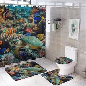 Vibrant Underwater Ocean Sea Turtle Bathroom 4-Piece Set Waterproof Polyester Shower Curtain Flannel Bath Mat U-Shaped Toilet Lid Cover Base Rug Coral Reef Fish Home Decor