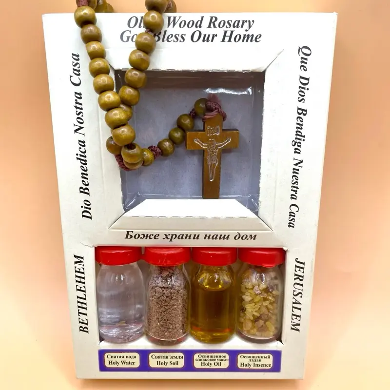 Holy Gift Set with Olive Wood Handmade Prayer Rosary from The Holy Land Includes Holy Water Soil Oil & Incense for Bethlehem Jerusalem Decor Religious Catholic Glass Ornaments