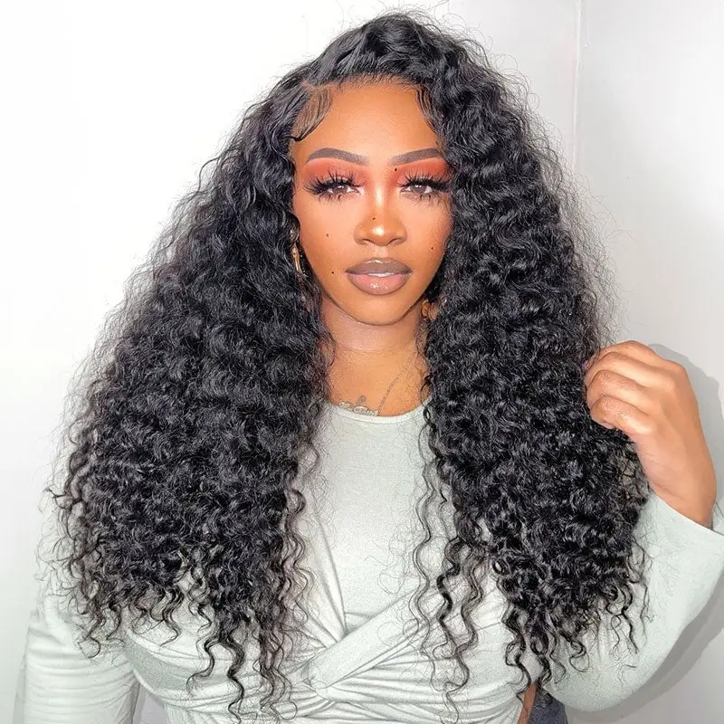 Amanda Hair Glueless Pre-bleached Curly Human Hair Wig 13x4 Frontal lace 6x4 Pre-cut lace closure Long Curly Natural black Water Wave Wig #FallFreshne