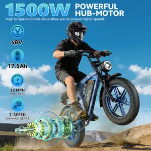 [C200 Electric ebike | Peak Power 1500W| Full Suspension | Top Speed 32 MPH | Range 50-80 Km  | 48V 17.5Ah Removable Battery | 2-Seater Design | LED Headlights | 20-Inch All-Terrain Fat Tires | App-controlled | Blue, Green and Black