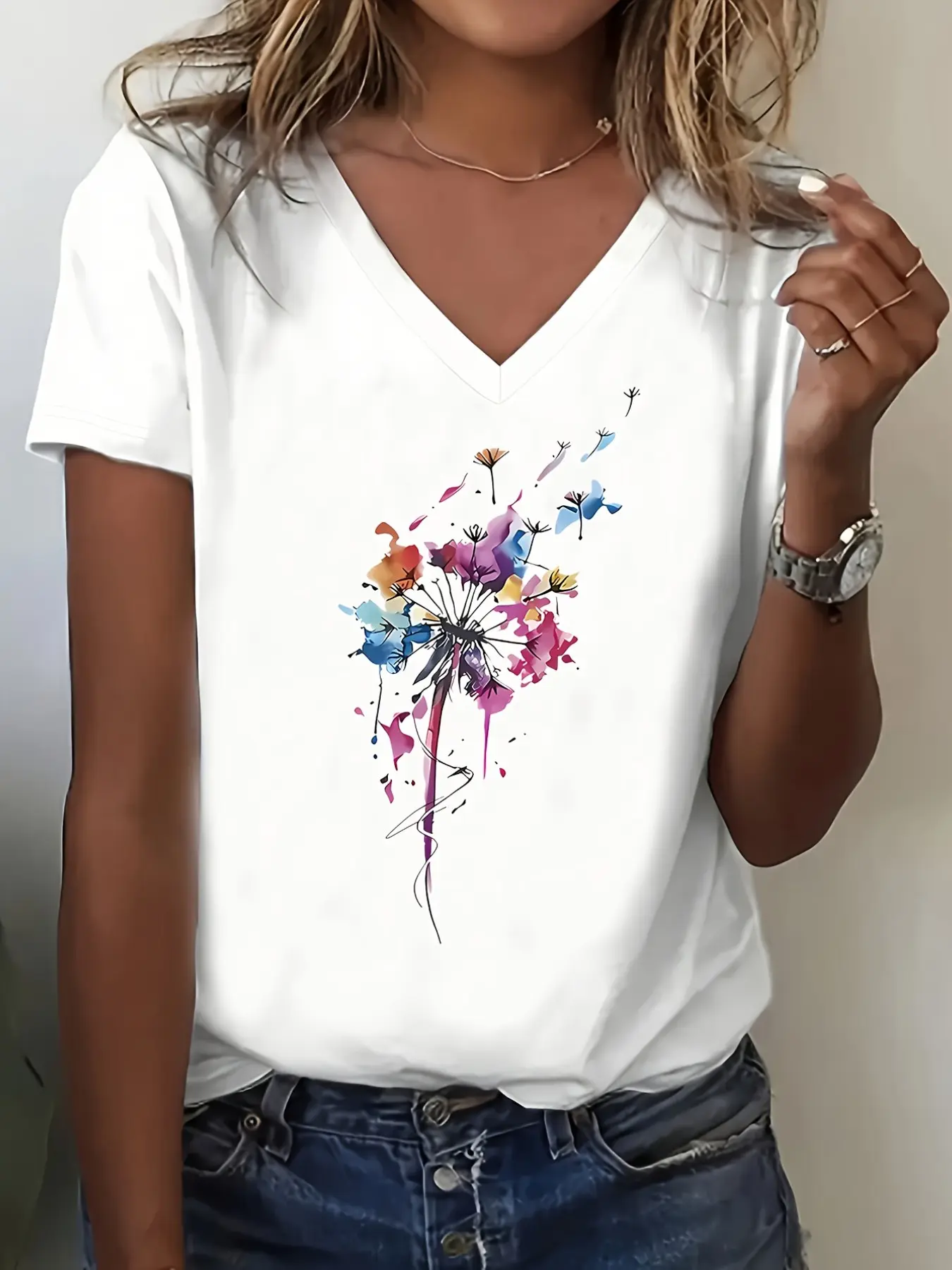 Dandelion Print V-Neck T-Shirt, Short Sleeve Casual Top for Women, Spring Summer Daily Wear, Casual Everyday Tops, Fitted Floral Animal Pattern Tee