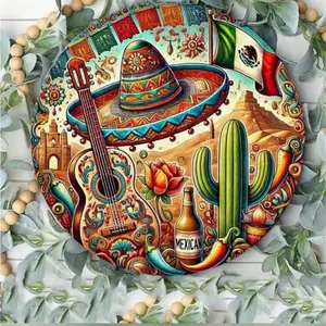 Aluminum 8 Inch Round Mexico Wall Art Sign Mexican Decor Cactus Wall Decor For Home Bar Cafe Office Kitchen Aluminum Artwork