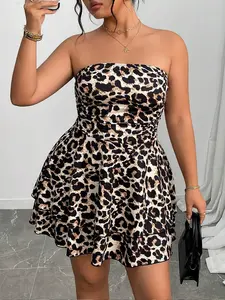 Plus Size Casual Leopard Print Dress, Moderate Thickness Summer Dress, Stylish Knit Casual Chic Fitted Dresses for Ages 12 and Up