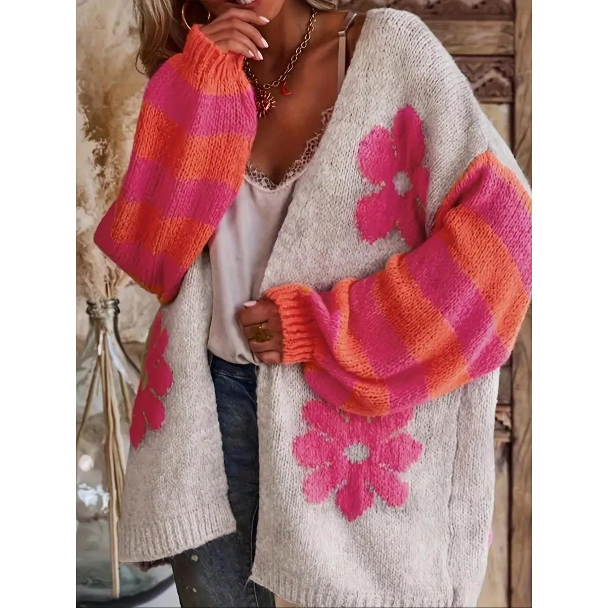Women's Soft Chunky Knit Duster, Y2k Contrast Color Flower Top Long Sleeve Cardigan for Travel and Vacation, Everyday Comfort, Everyday Essential, Minimalist Chic, Style Essential, Versatile Wardrobe, Comfort Fit