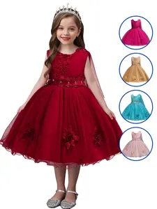 Girl's Floral Decor Lace Dress, Elegant Sleeveless Round Neck Tulle Dress for Party Wedding Guest, Kids Clothes for All Seasons