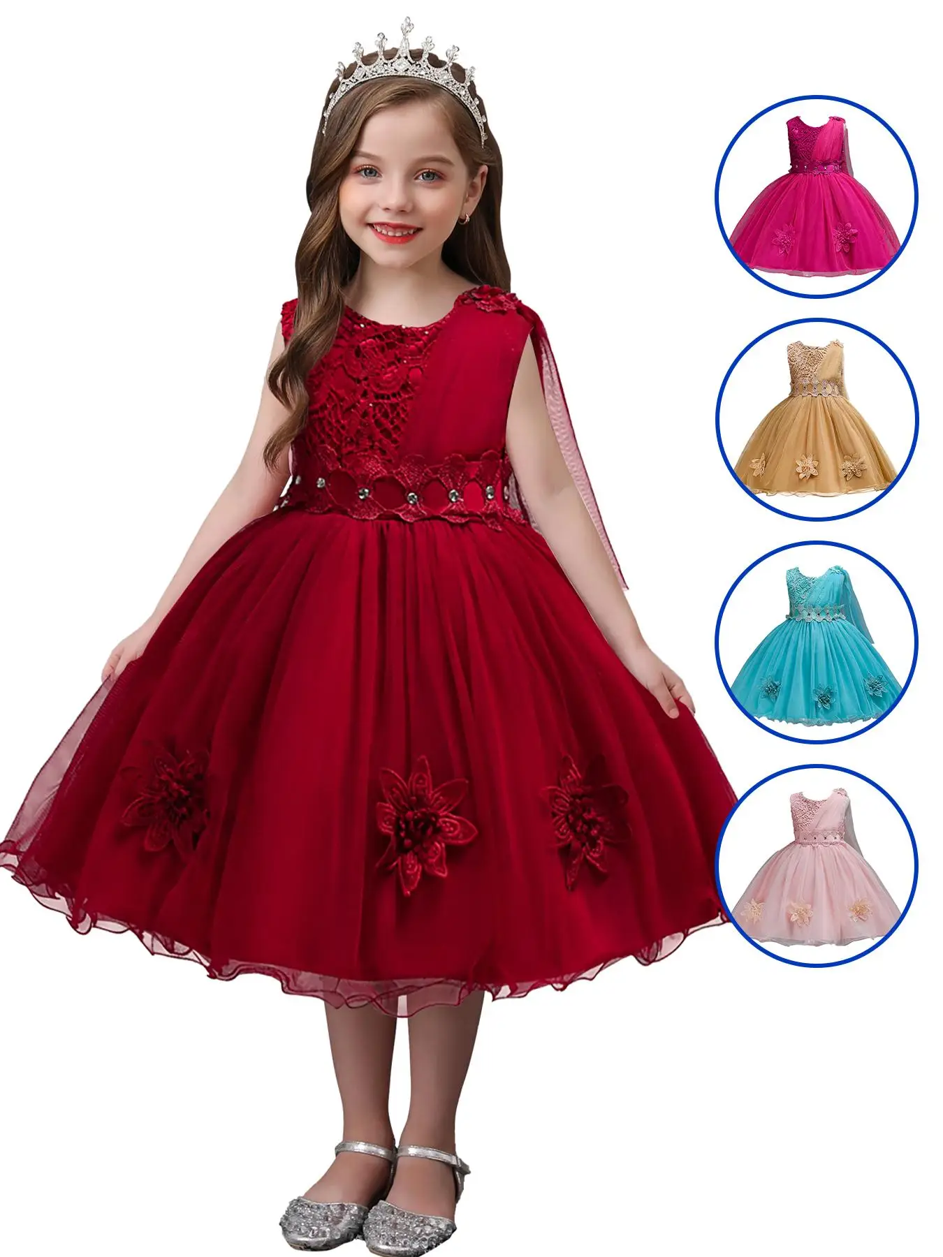 Girl's Floral Decor Lace Dress, Elegant Sleeveless Round Neck Tulle Dress for Party Wedding Guest, Kids Clothes for All Seasons