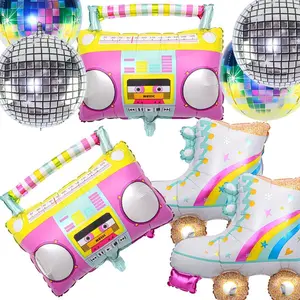 ‌8PCS Rainbow Roller Skate Balloons Boom Box Balloon, 22 Inch Round Color Foil Balloons, 4D Laser Disco Foil Balloons, 80s 90s