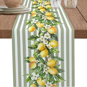 2D flat printing, 1-piece linen summer lemon fruit flower table flag, dressing table decorative towel, green and white striped tablecloth, holiday kitchen party decoration