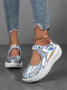 Women's Holographic Mary Jane Platform Sneakers, Hook and Loop Comfort Wedge Shoes