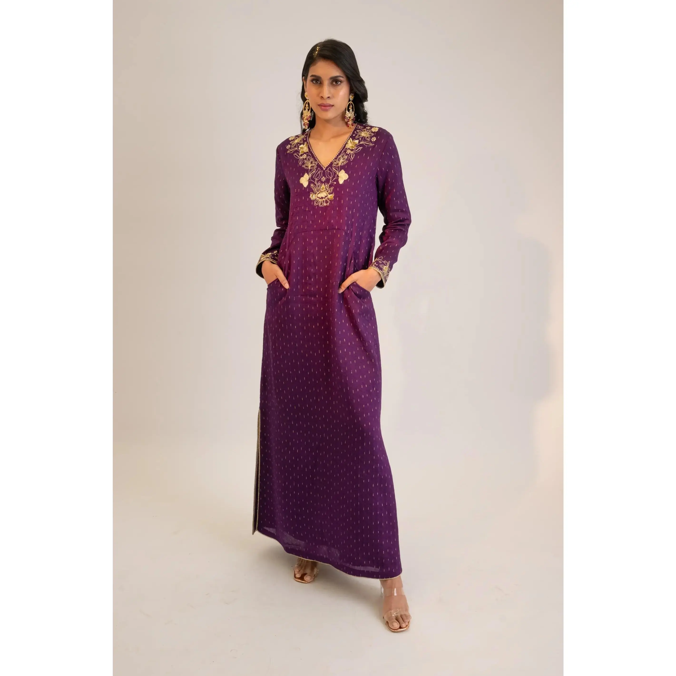 Purple embroidered long tunic with pockets