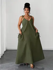 Plus Size Military Tie-Back Halter Long Dress, Casual V Neck Loose Fit with Pockets, Perfect for Beach Vacation, Summer Outing, Picnic, Market Shopping, Road Trip, Backyard BBQ, Leisure Party, Sunset Walk