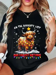 100% Cotton Unisex On The Naughty List And Reget Nothing Christmas Highland Cow T-Shirt Casual Top