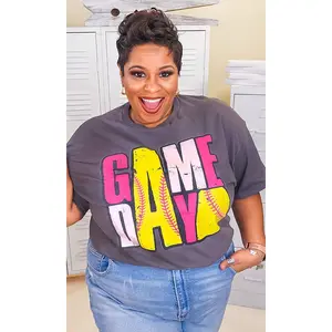 Tees2urdoor Women's Casual Short-Sleeve Printed T-Shirt - Basic Streetwear Top with Game Day Stacked Softball Graphic, Flattering Fit